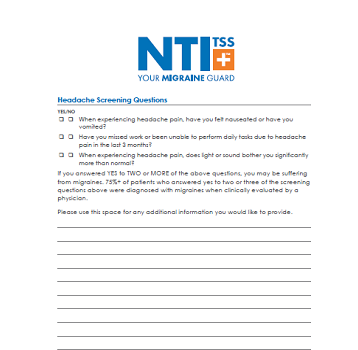 Migraine and headache screening form from a dental lab serving the US and Canada